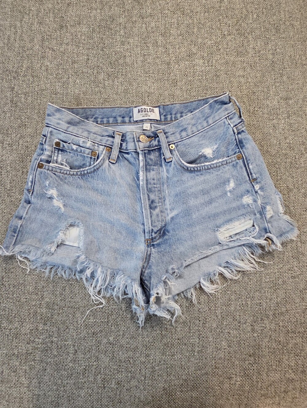 AGOLDE Parker Shorts Womens 25 Blue Distressed Denim High Rise Cutoff Raw Hem